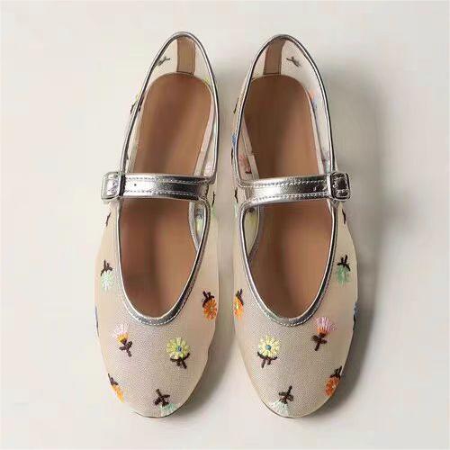 Fashion Floral Embroider Mesh Mary Janes Shoes Women Trasparent Elegant Flats Shoes Ladies Casual Summer Breathable Loafers Footwear