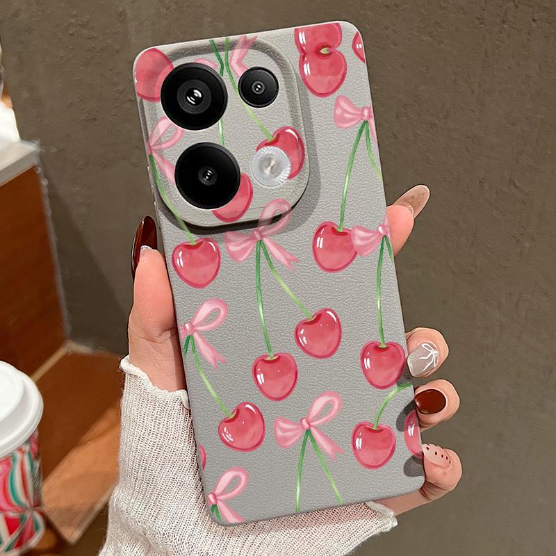 Cartoon Cherry Fruits Case For Xiaomi 13T Pro Redmi Note 15 Pro 4G Redmi Note 14 13 Pro+ 5G Leather Texture Silicone Cover