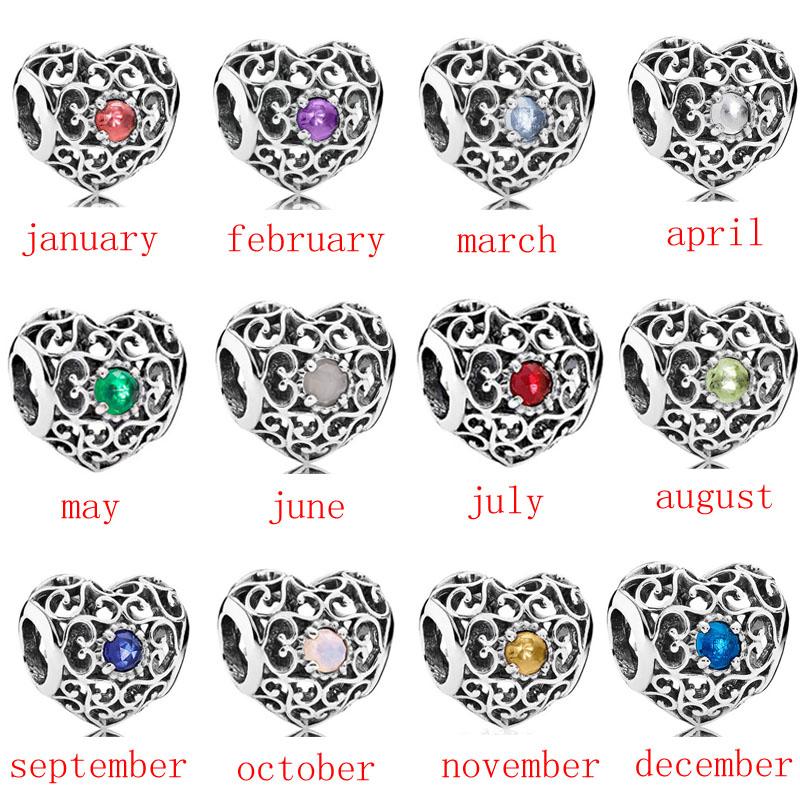 New 12 Month Birthday Stone Heart Openwork Charm Diy Fine Beads Fit Original Charms Silver 925 Bracelet Jewelry F357