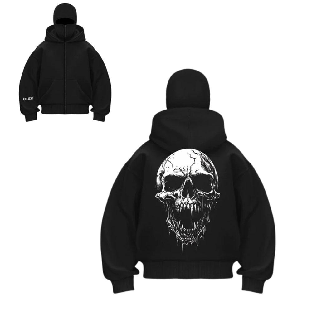Men's Cool Skull Pattern Hoodie Fashionable Casual Retro Street Style Cool Double Hat Zipper Jacket Horror Style Top