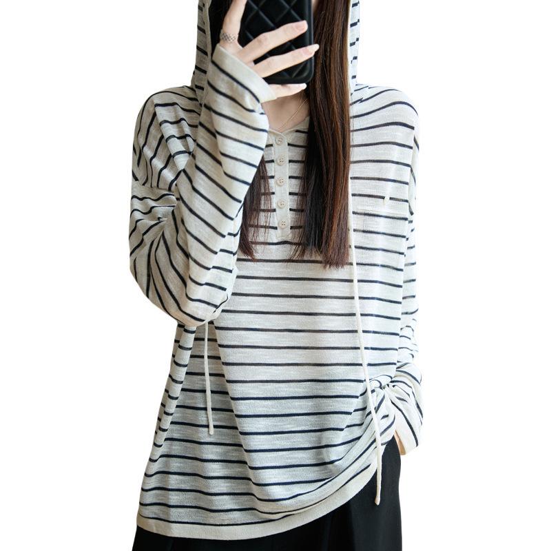 Early Autumn New Style Women's Color-blocked Striped Buttoned Base Layer Top, Hooded Long-sleeved Knitted Sweater