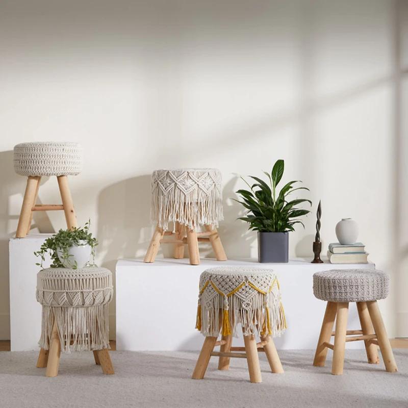 Solid Wood Nordic Makeup Stool Vintage Dressing Stool Woven Fringe Round Seat Upholstered Stool for Guesthouses