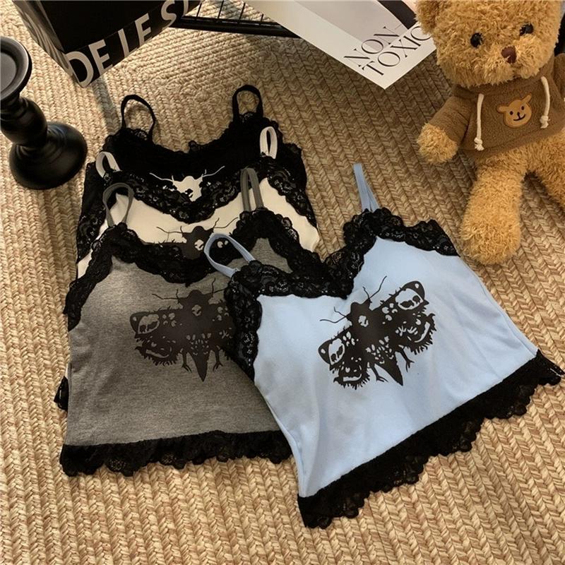 Summer Women Lace With Chest Pads Sling Tops Female Straps Tank Tops Harajuku Streetwear Camisole Sexy Butterfly Printed Crop Tops