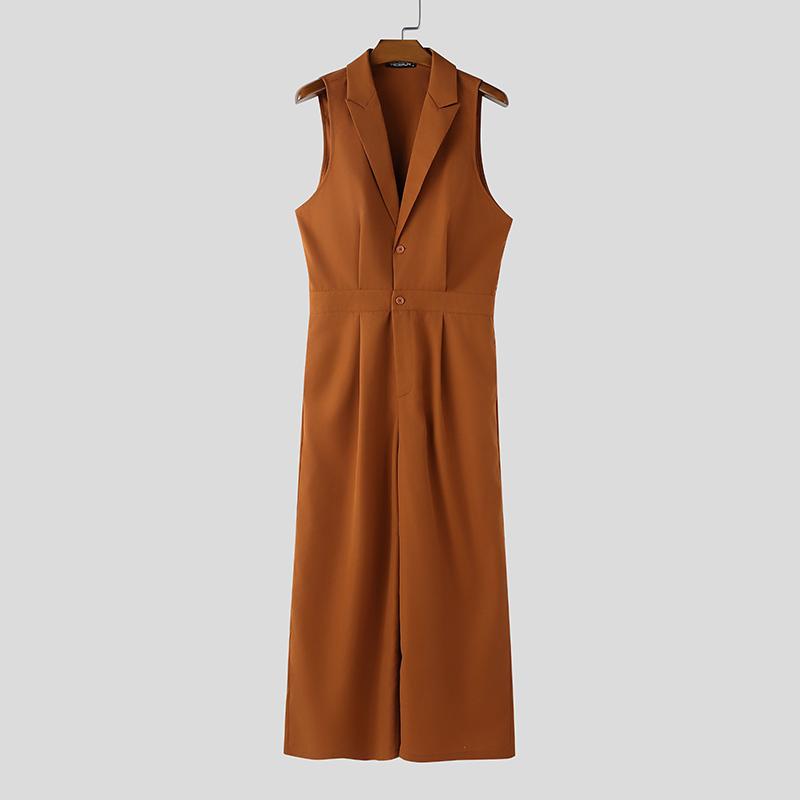 INCERUN Men Lapel Neck Sleeveless Button Up Casual Loose Long Rompers Jumpsuits