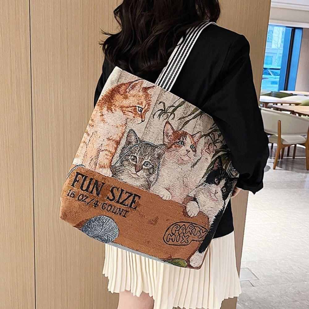 Dog Cute Cat Cloth Bag Large Capacity Animal Shoulder Bag Portable Ethnic Style Handbag Travel