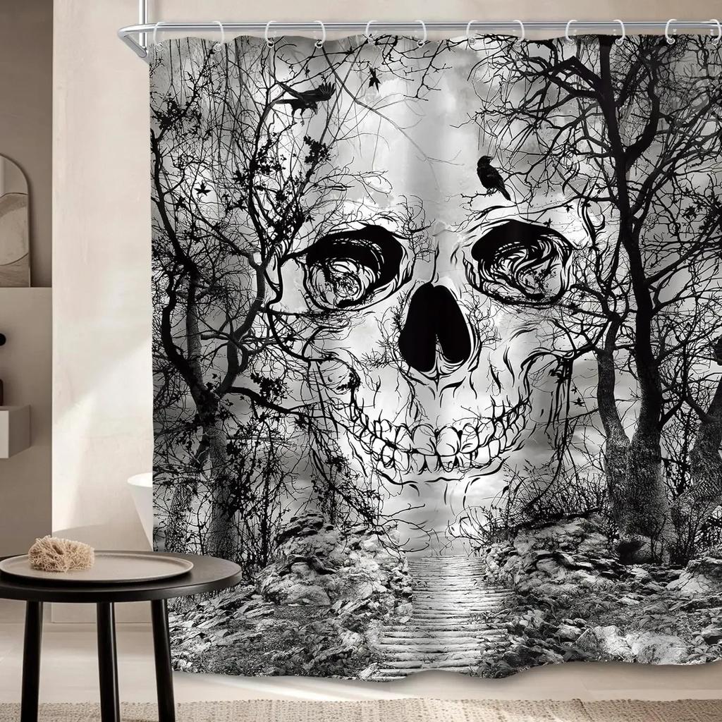 Halloween Skull Shower Curtains Crow Spooky Forest Pumpkin Castle Moon Black Bats Horror Night Bathroom Decor Fabric with Hook
