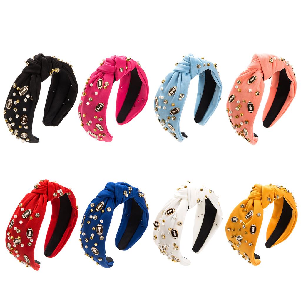 Women Fun Sports Football Embellished Headband Pearl Rhinestones Jeweled Headband Wide Top Knotted Hairband Headpiece