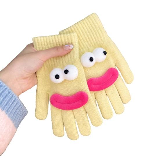 Vtipné kreslené pletené rukavice Roztomilé velké oči Teplé rukavice Zimní žebrované rukavice s dotykovou obrazovkou na řízení, dojíždění, cyklistiku, každodenní pochůzky