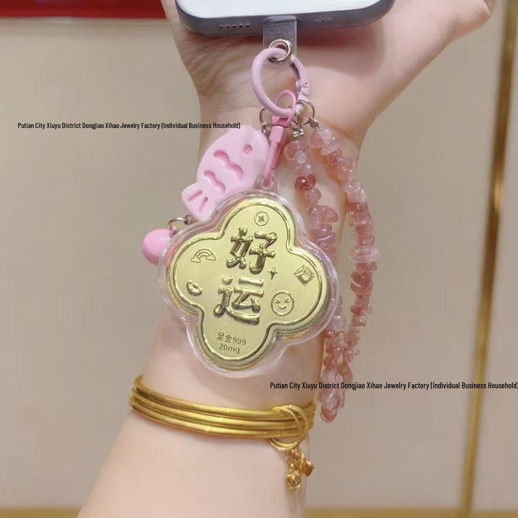 999 Pure Gold Four-Leaf Clover Good Luck Charm: Little Fish, Strawberry Bear Bracelet, Keychain, & Phone Pendant
