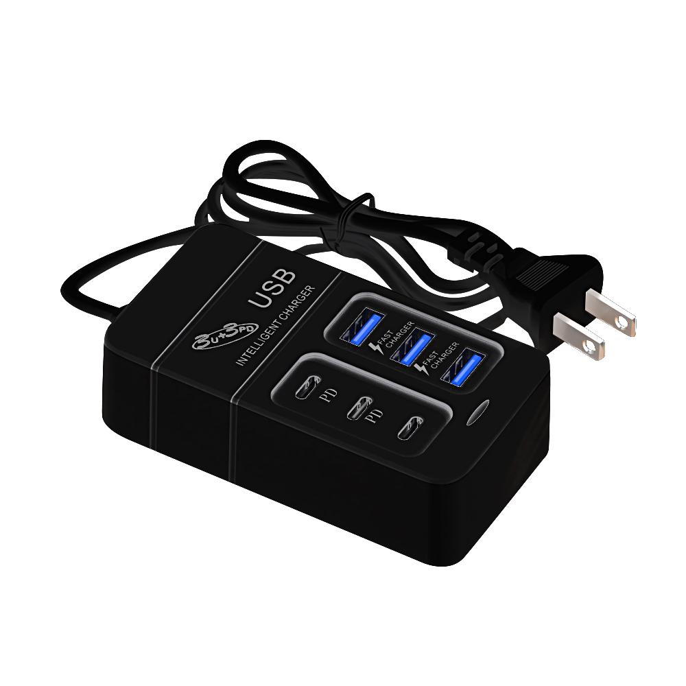 6-in-1 Surge Protector 6-Outlet Extender with 3 USB & 3 Type C Ports Power Strip Multi Plug Outlets Wall Adapter Spaced for Home