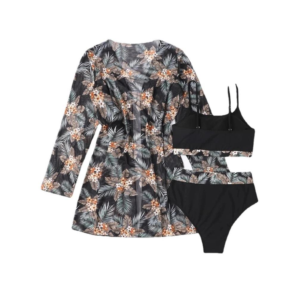 Women Bikini 3 Pieces Suit Black/Green/Red Bikini Sets with Long Sleeved Cover Ups High Quality Size Small-XXLarge