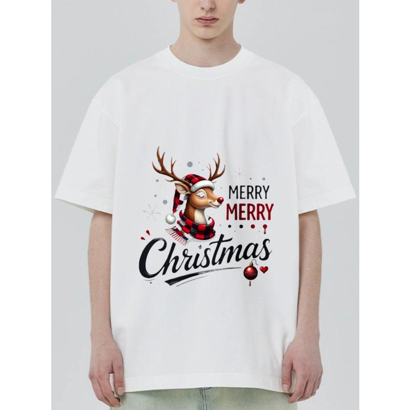 Christmas T Shirt Black Reindeer with Santa Hat and Scarf Merry Christmas Text Holiday Party Wear