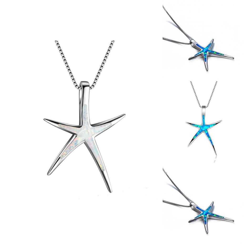 Fashion Women Ocean Starfish Pendant Necklace Featuring Vibrant Blue Green And White Fire Opal Stones