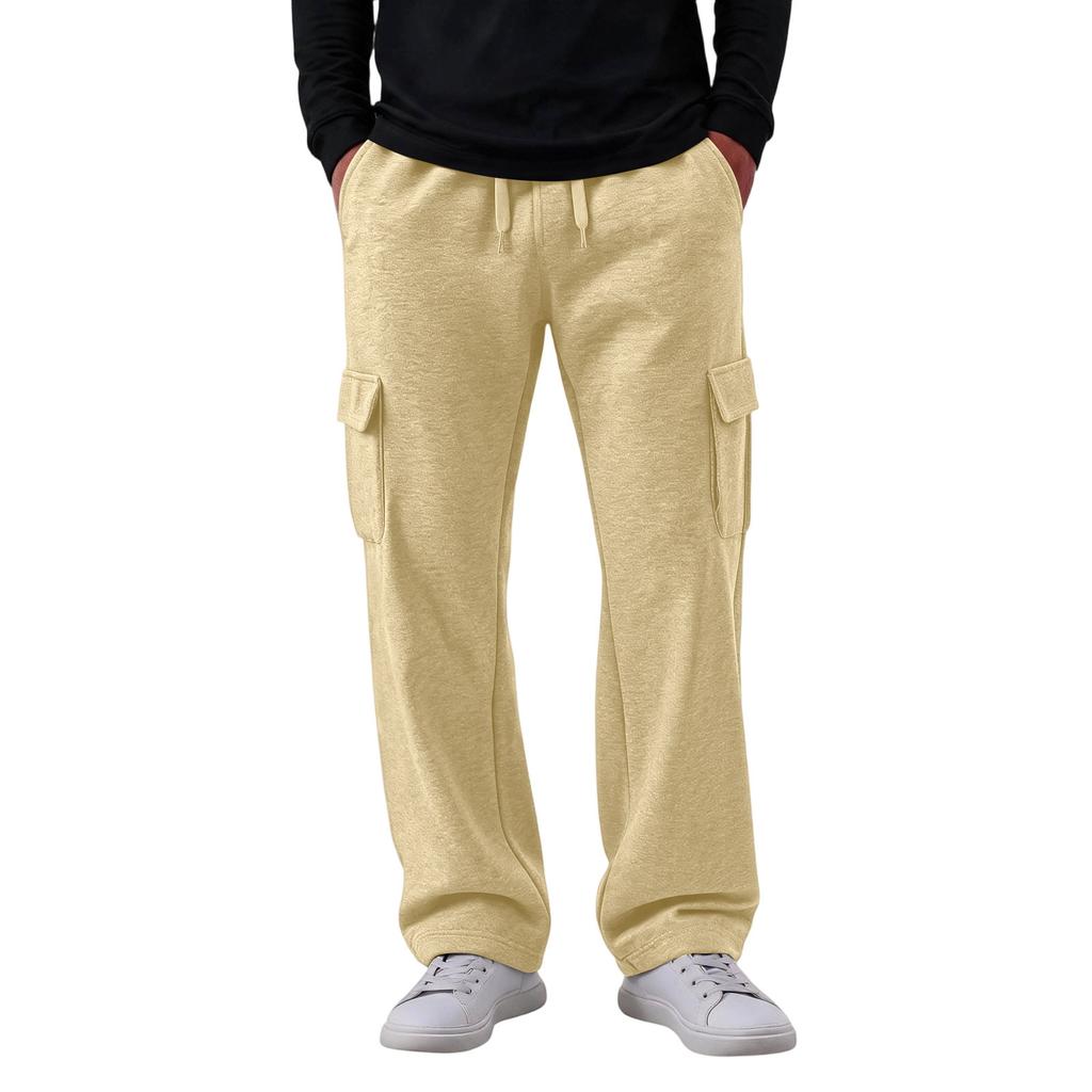 Men's Casual Cargo Pants with 4 Pockets, Elastic Waist with Drawstring, Loose Fit Straight Leg Pants for Everyday Wear