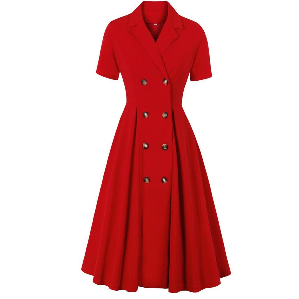 50S Swing Dresses Lapel Collar Short Sleeves Row of Buttons Work Business Office Lady Midi Dress Women's Casual Outfit