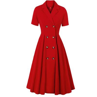 50S Swing Dresses Lapel Collar Short Sleeves Row of Buttons Work Business Office Lady Midi Dress Women's Casual Outfit