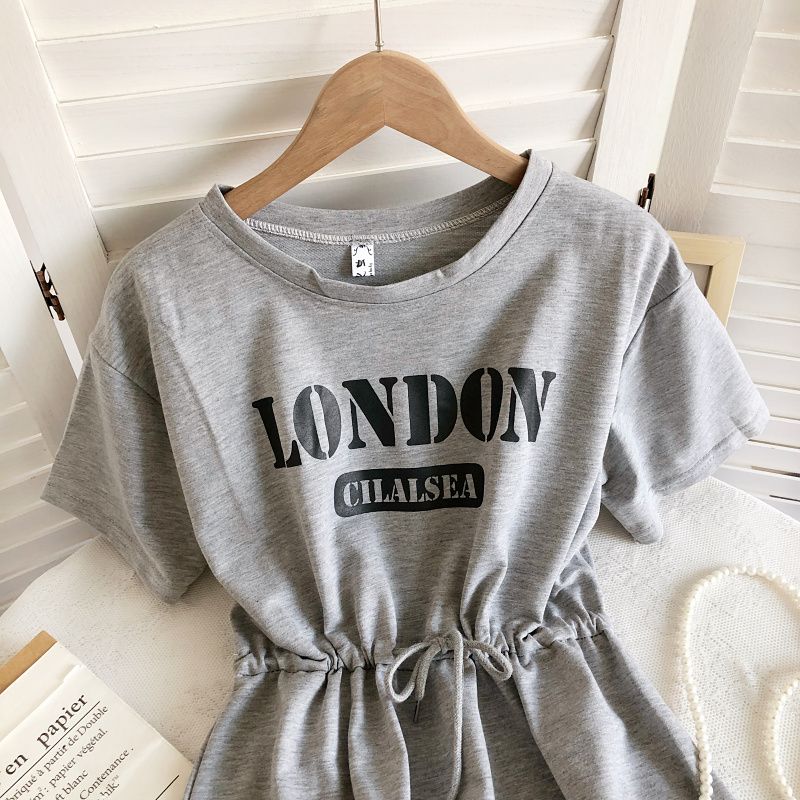 Round Neck Printed Drawstring Waist Cinching Slit Mid Length T-shirt Dresses