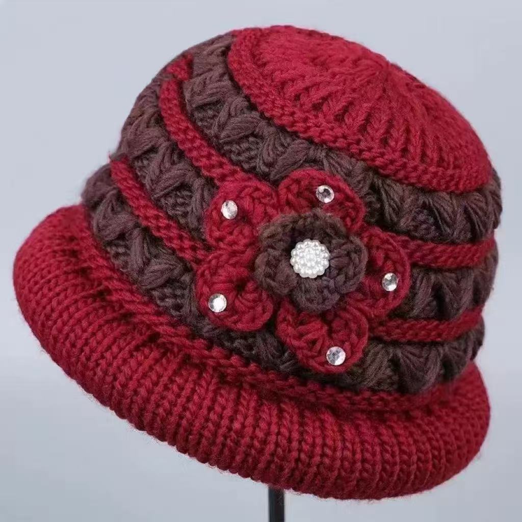 Middle-aged winter velvet thickened mother hat bow basin hat outdoor play rabbit fur warm knitted wool hat
