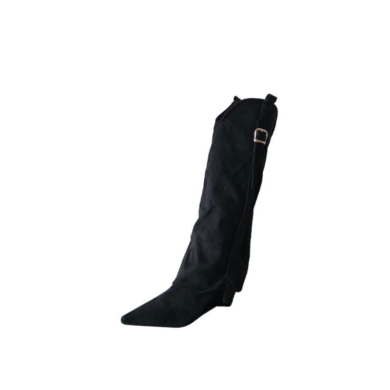 2025 autumn and winter new European and American belt buckle pointed wedge temperament French suede fashion sexy beautiful women boots