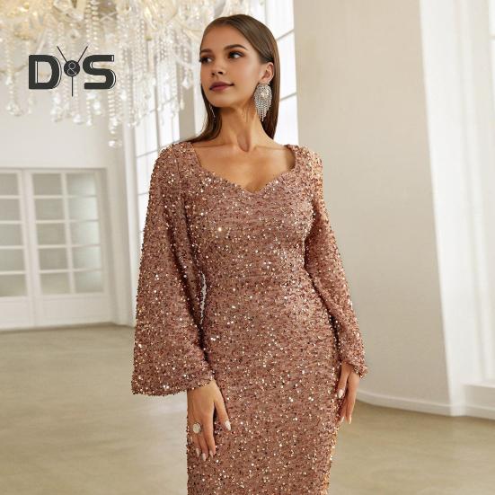 Dámské Večerní šaty Zvonové rukávy Flitr A-line Slim Fit Nízký střih s výstřihem do V Maxi šaty Střední pas Vzadu Zapínání na zip Plesové šaty