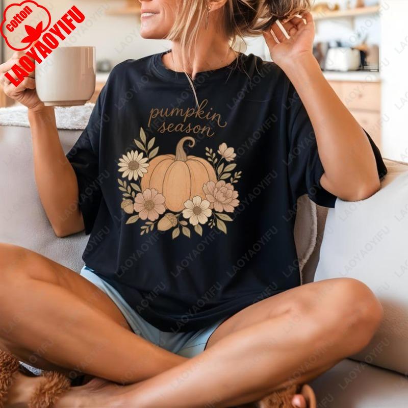 Pumpkin Season Cotton TShirt Fall Floral for Women Men Cute Thanksgiving Autumn Season Tops Cozy Outfit Popular Harajuku Tees