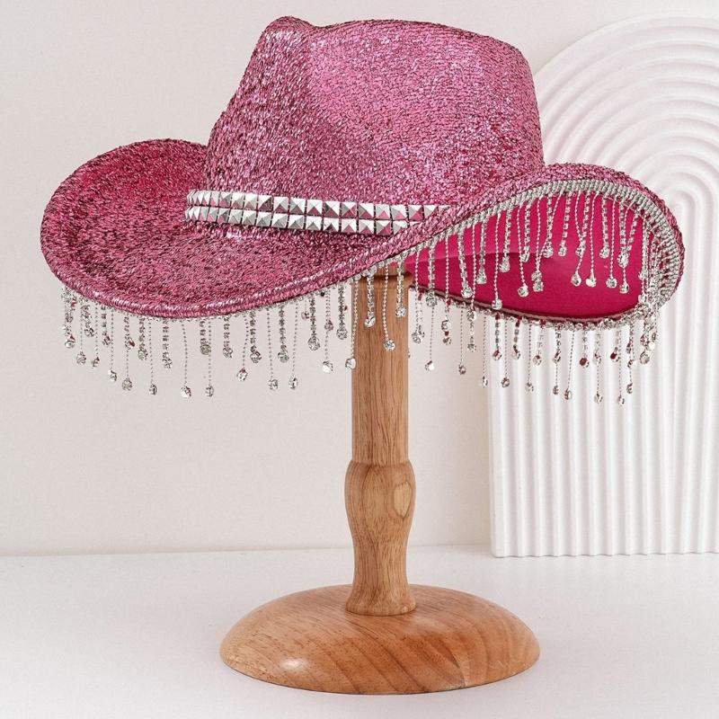 Třpytivý klobouk s třásněmi z kamínků pro ženy muže klobouk fedora na hudební festival s velkým třpytivým práškem na večírky