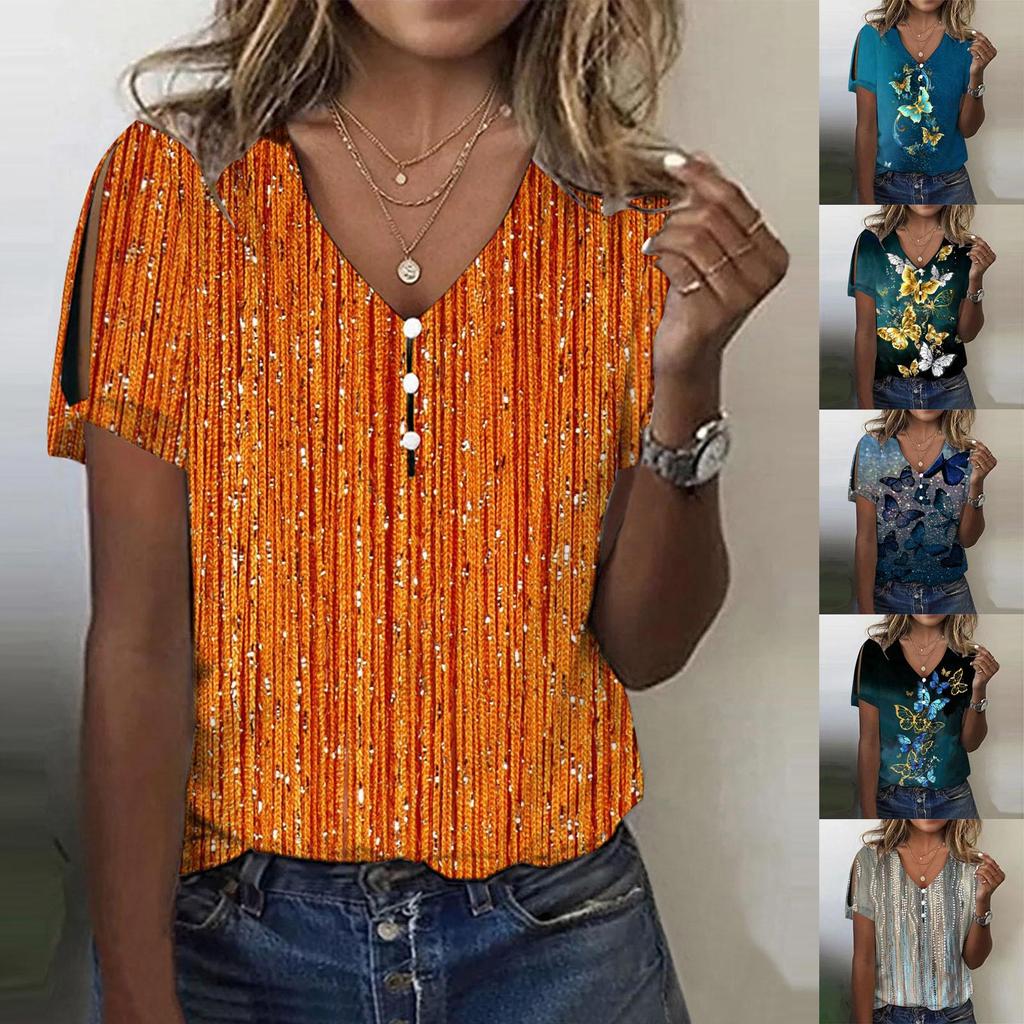 Women's Summer Fashion V Neck Print Hollow Short Sleeve Button T-Shirt Top