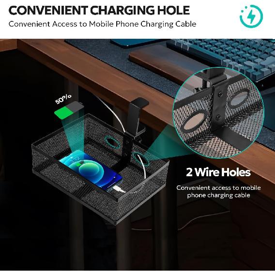 Under Desk Drawer Organizer Clamp On - 360° Swivel Metal Mesh Storage Basket, Hidden Rotating Desktop Tray for Standing Desk, Office Supplies &