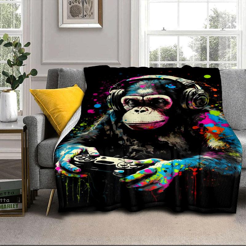 Monkey Music Headphones Blanket Flannel Blanket for bed, sofa, Camping, Hiking, Picnic Essentials, gift for family Fan gifts