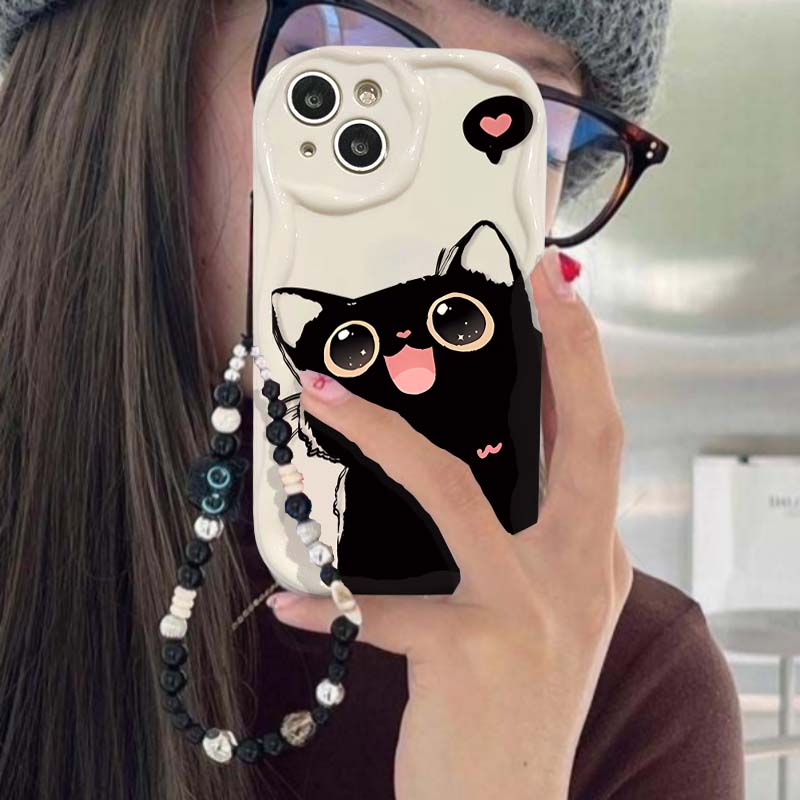 Cute Black Cat Bracelet Chain Case For Samsung Galaxy S25 Ultra S22 S21 S20 Plus S21FE S20FE S25FE A31 Y2K Soft Wave Side Cover