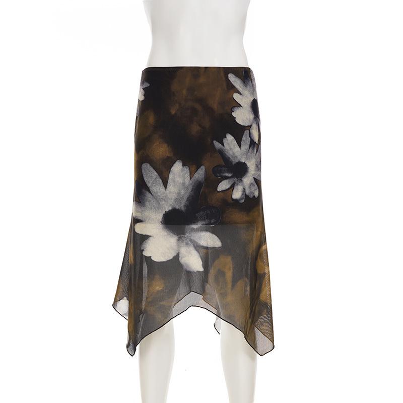 

American Retro Floral Mesh Irregular Low Waist Vacation Skirt Small
