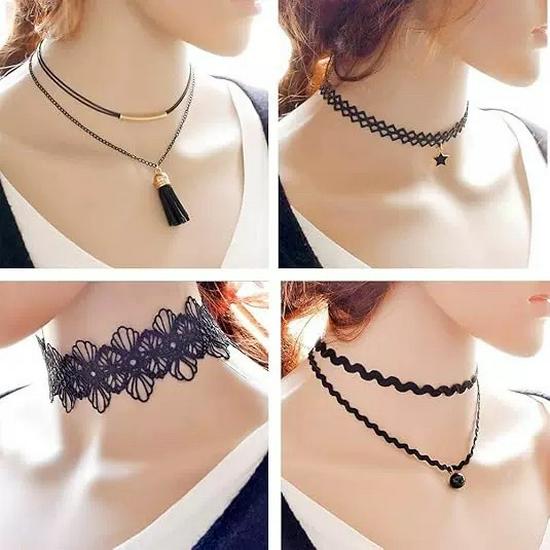 Retro Lace Choker Necklace Set – Black Clavicle Chain Accessory for Women