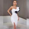 Color-Block One-Shoulder Ruffle Bandage Dress with Slit