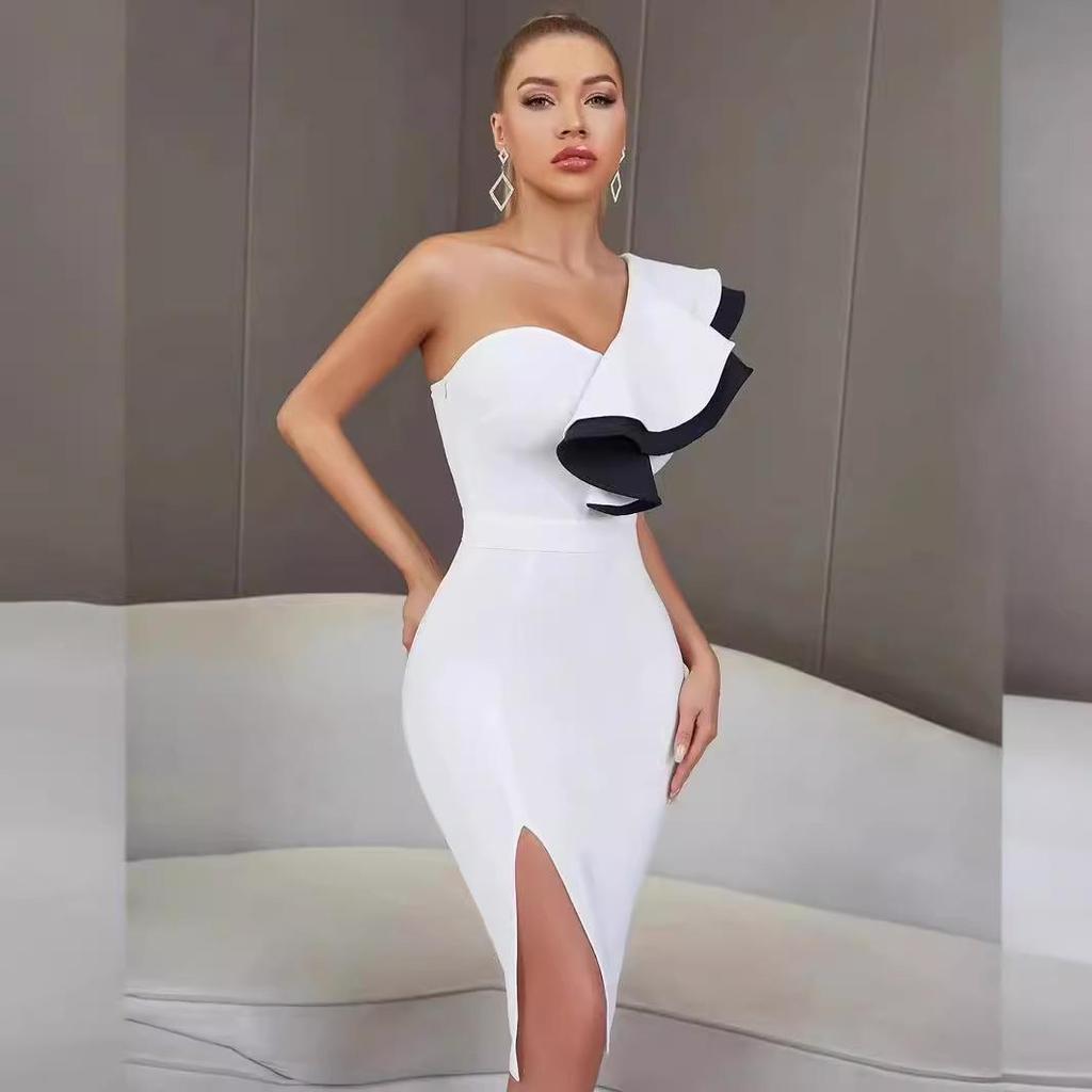 Color-Block One-Shoulder Ruffle Bandage Dress with Slit