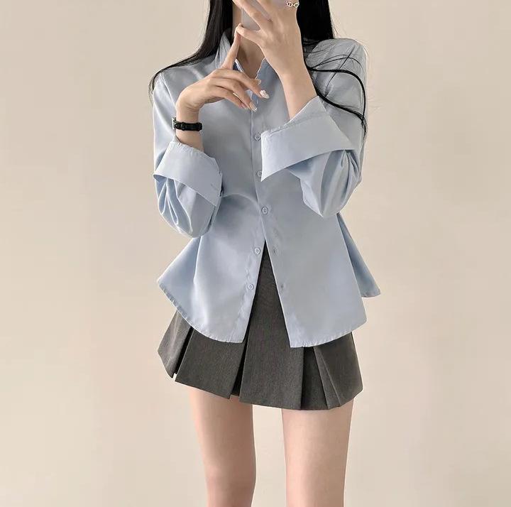 Cămașă minimalistă coreeană cu culoare uni, cu talie legată, pentru slăbit, cu mâneci lungi, pentru femei