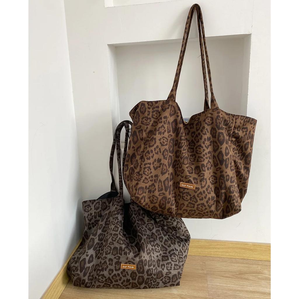 Vintage Leopard Women's Suede Shoulder Bags Double Sided Female Versatile Tote Shopping Bag Large Capacity Travel Handbags