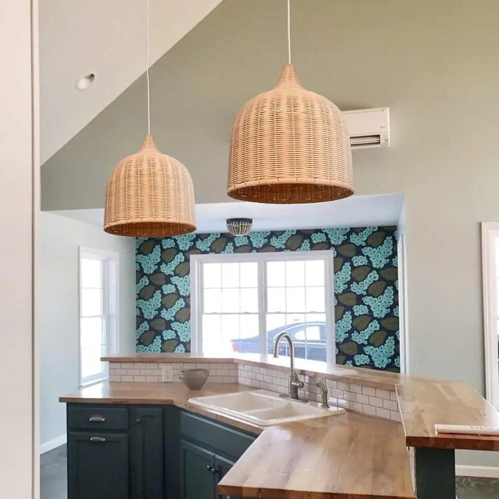 26/35/45/60CM Boho Rattan Chandelier Light Vintage Zen Hand Knitted Ceiling Chandelier Lamp for Bedroom Tea Room Restaurant E27