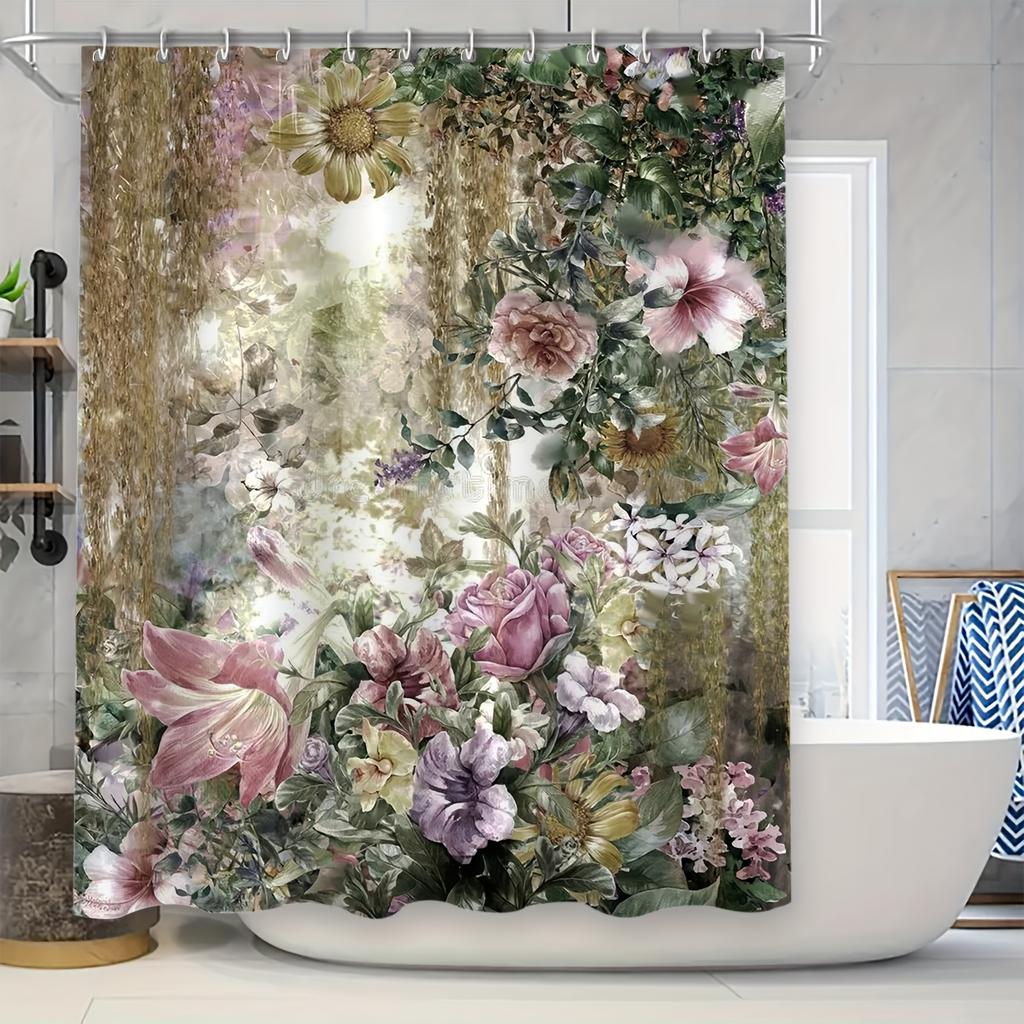 Elegant Floral Shower Curtain with a Lush Garden of Pink and Purple Flowers, Perfect for Adding a Touch of Nature-Inspired
