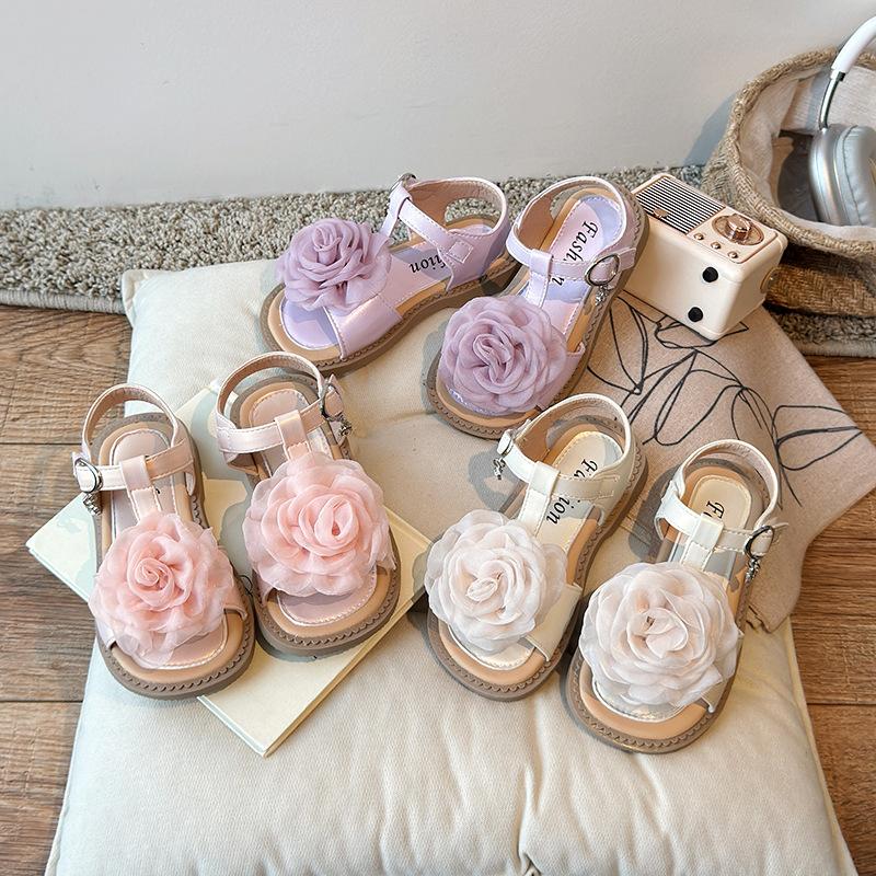 Girls Princess Shoes T-strap Big Flowers Kids Sandals Ins Trendy 2025 Summer New Girls Beach Shoes Non-slip Soft Sole Sweet