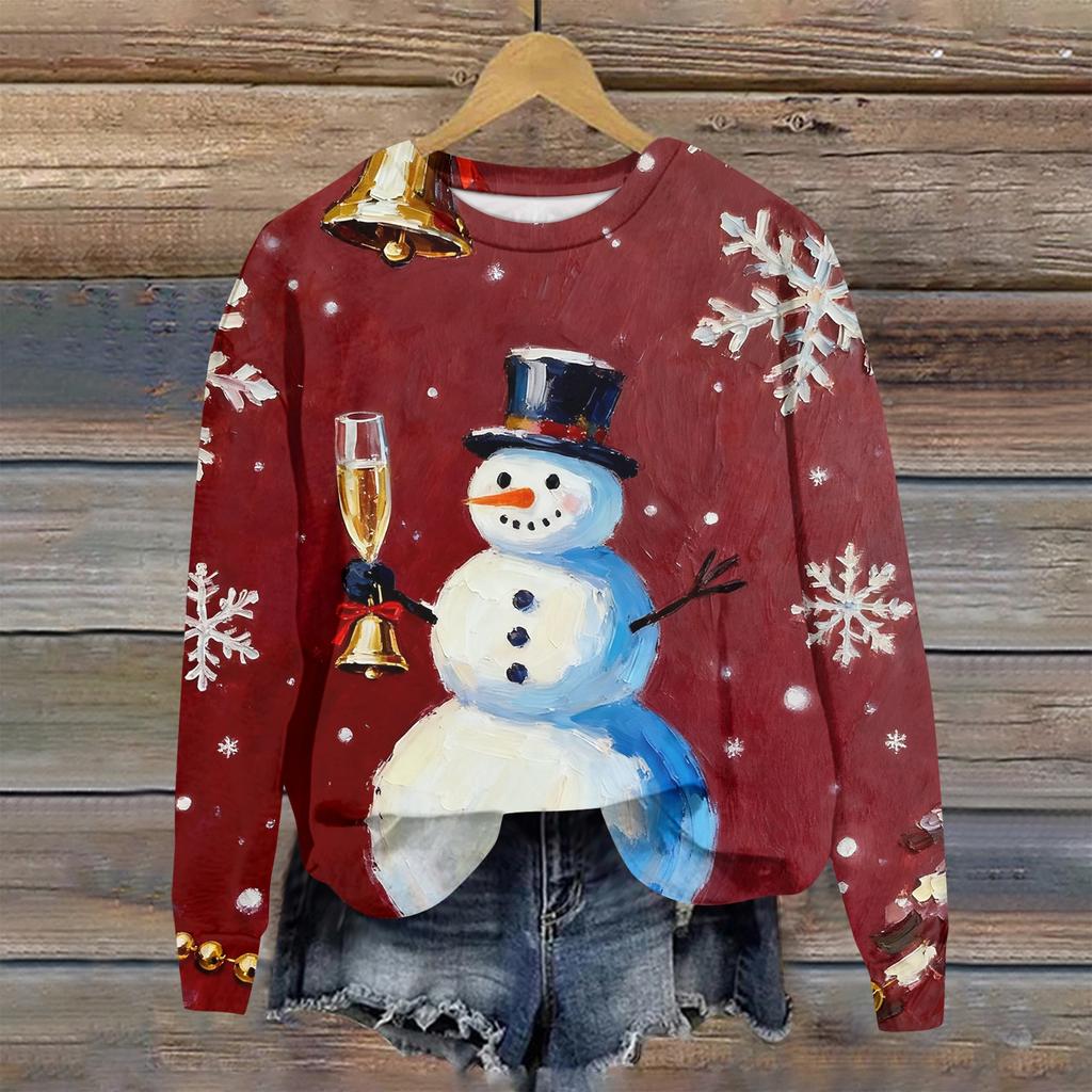 Ladies' Christmas Printed Long Sleeved Round Neck Hoodie Loose Top