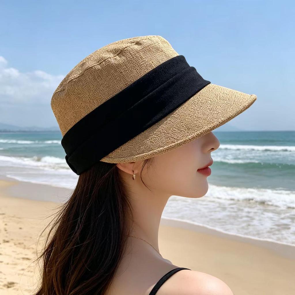 New Old Money Wind Imitation Linen Pleated Breathable Equestrian Hat Women's Spring Summer Retro Sunshade Sun Protection Flat Top Cap