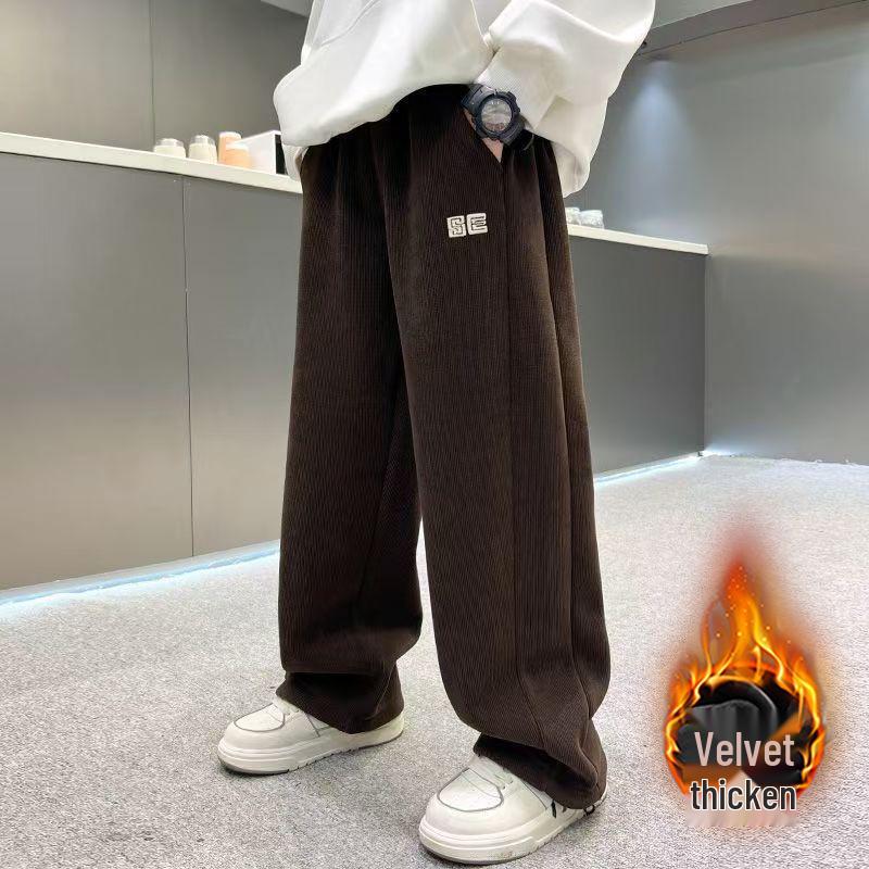 Trendy Boys' Corduroy Fleece-Lined Wide-Leg Pants for Autumn and Winter