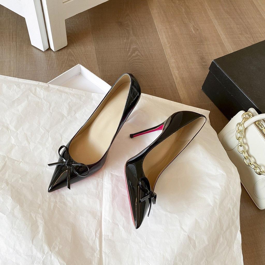 Bow nude high heels sexy pointed professional not tired feet super thin high heels single shoes