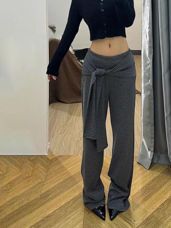 Autumn/Winter Slimming Dark Grey Striped Tie-Up Casual Pants for Women and Children - Loose, Lazy Fit, Straight Leg