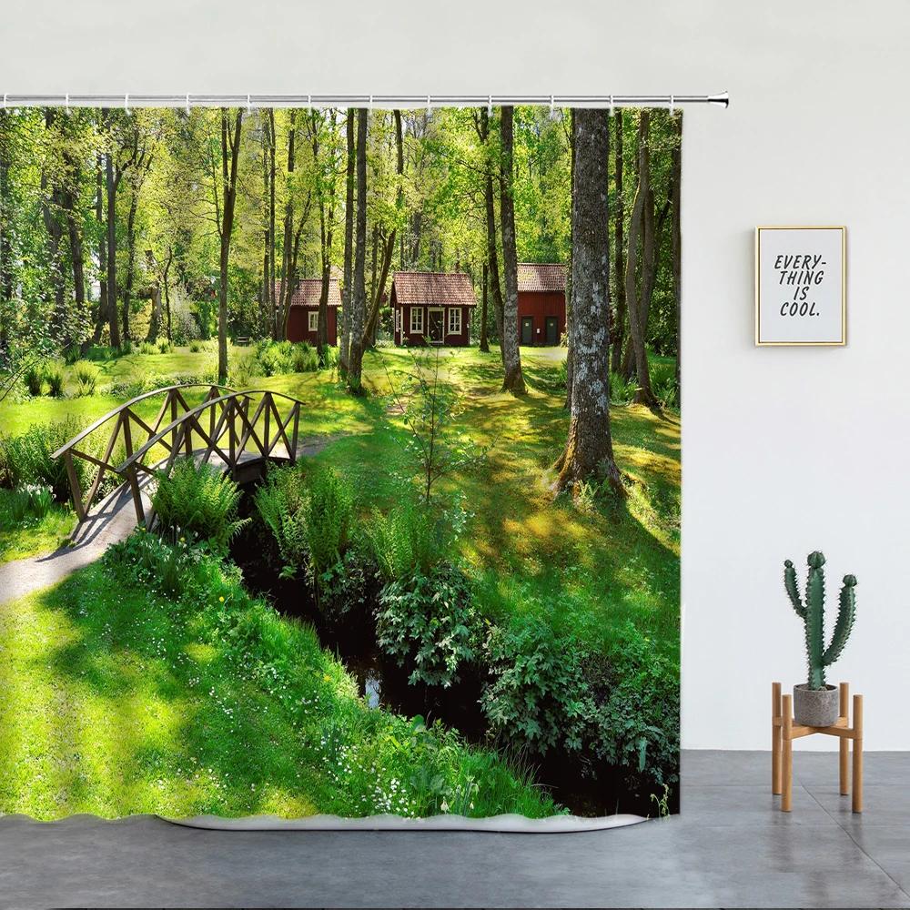 Spring Garden Landscape Shower Curtains Green Plants Flowers Creek Natural Scenery Bath Curtains Bathroom Decor With Hooks