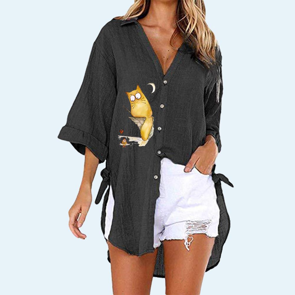 

Women Fashion Print Shirt Summer&fall Casual Half Sleeve T-shirt Ladies Ladies V Collar Buttoned-down Loose Long Blouses