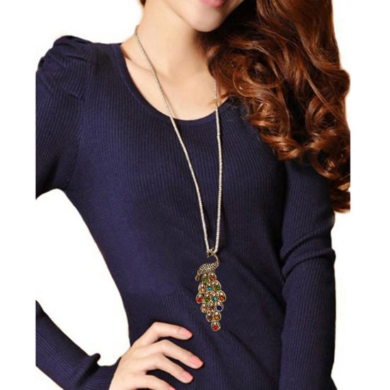 Fashion Women Multi-color Long Peacock Rhinestone Wedding Sweater Necklace