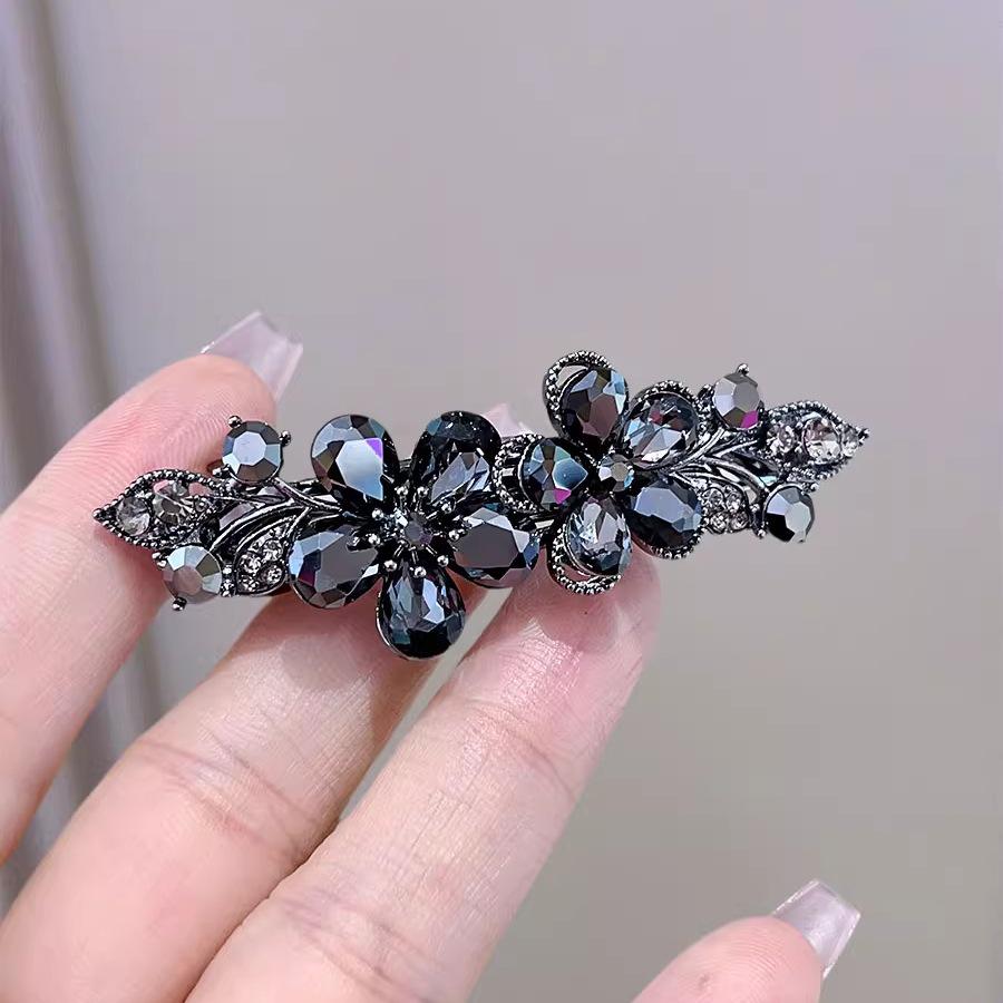 Black Crystal Flower Hair Clip - Korean Style Women's Half Updo Accessory