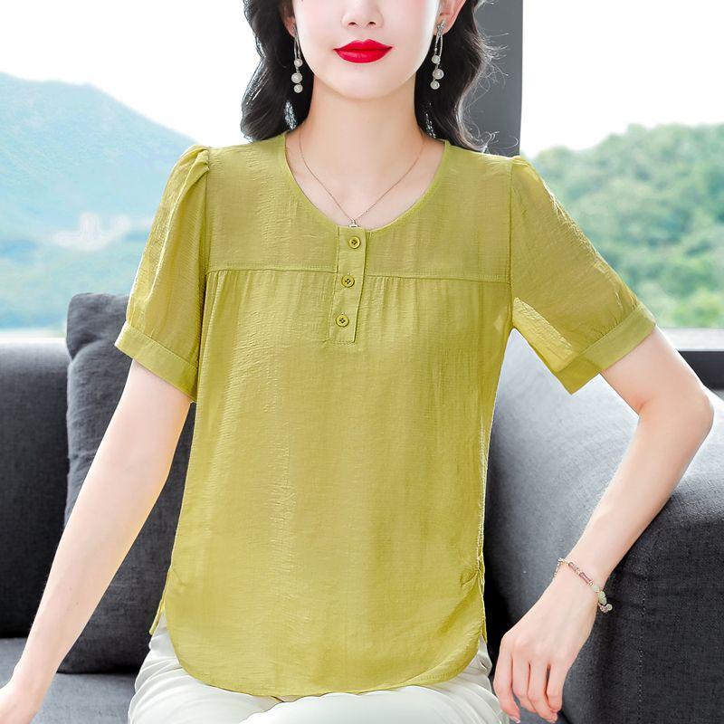 Sommer-Rundhalsshirt für Damen, kurzärmeliges Shirt aus Eisseide, lockeres Mama-T-Shirt für Damen, kurzärmeliges Shirt