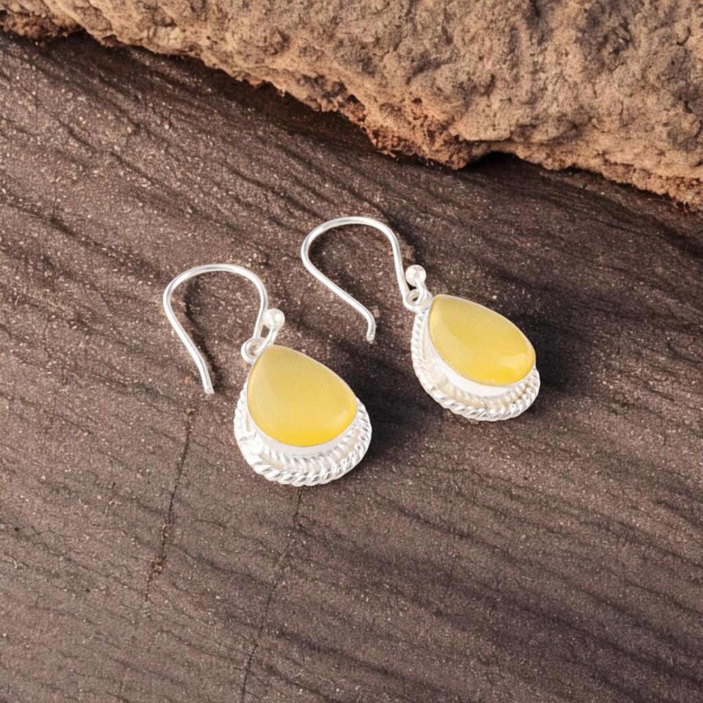 Yellow Cat's Eye Gemstone 925 Stamped Silver Jewelry Stylish Earrings 1.40" Gift EE-9-44